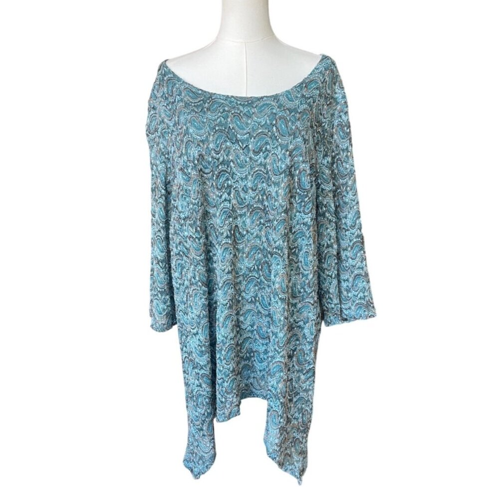 Catherines 3/4 Sleeves Oversized Printed Tunic Top Size 2X NWT Long Stretch Blue